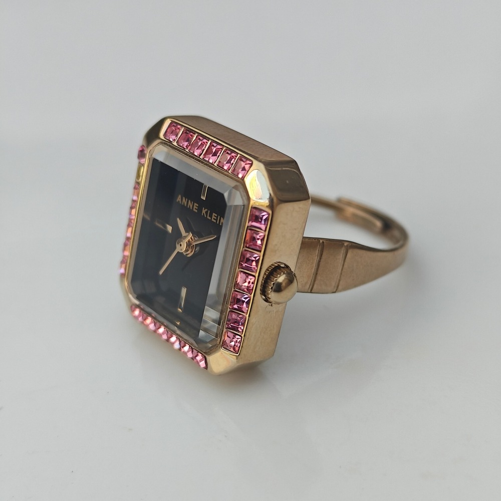 Anne Klein Gold Tone Pink Crystal Square Face Adjustable Ring Watch Black Dial